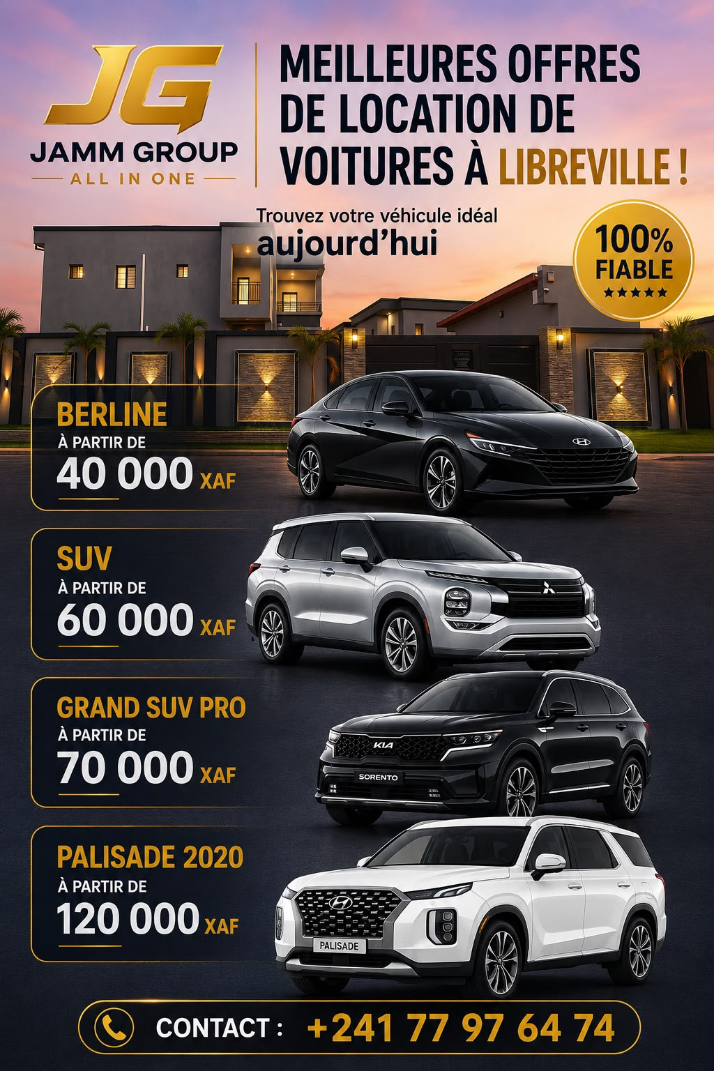 Flyer JAMM Auto présentant les catégories de véhicules et les tarifs de location à Libreville