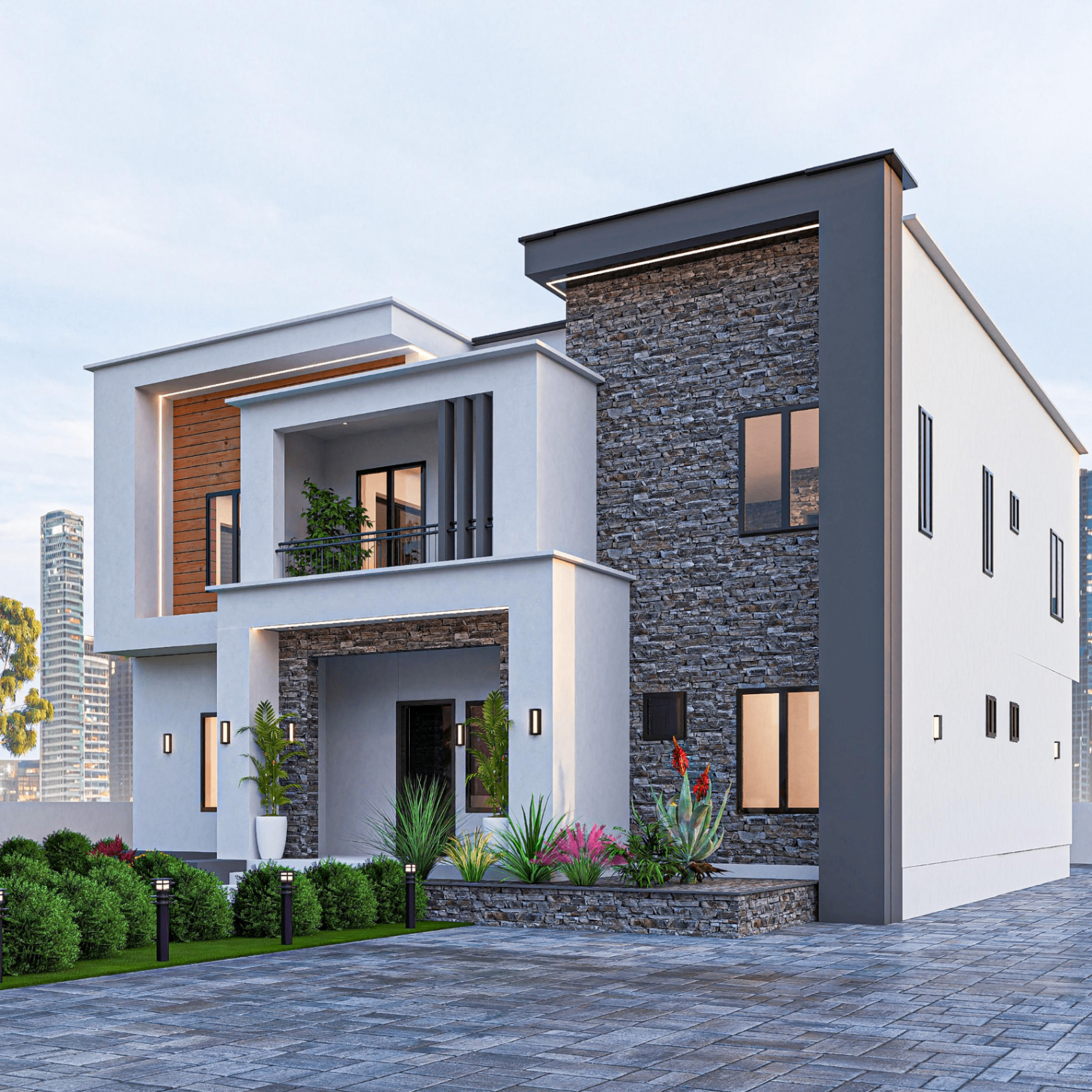 Duplex 4 — side view, stone and white stucco