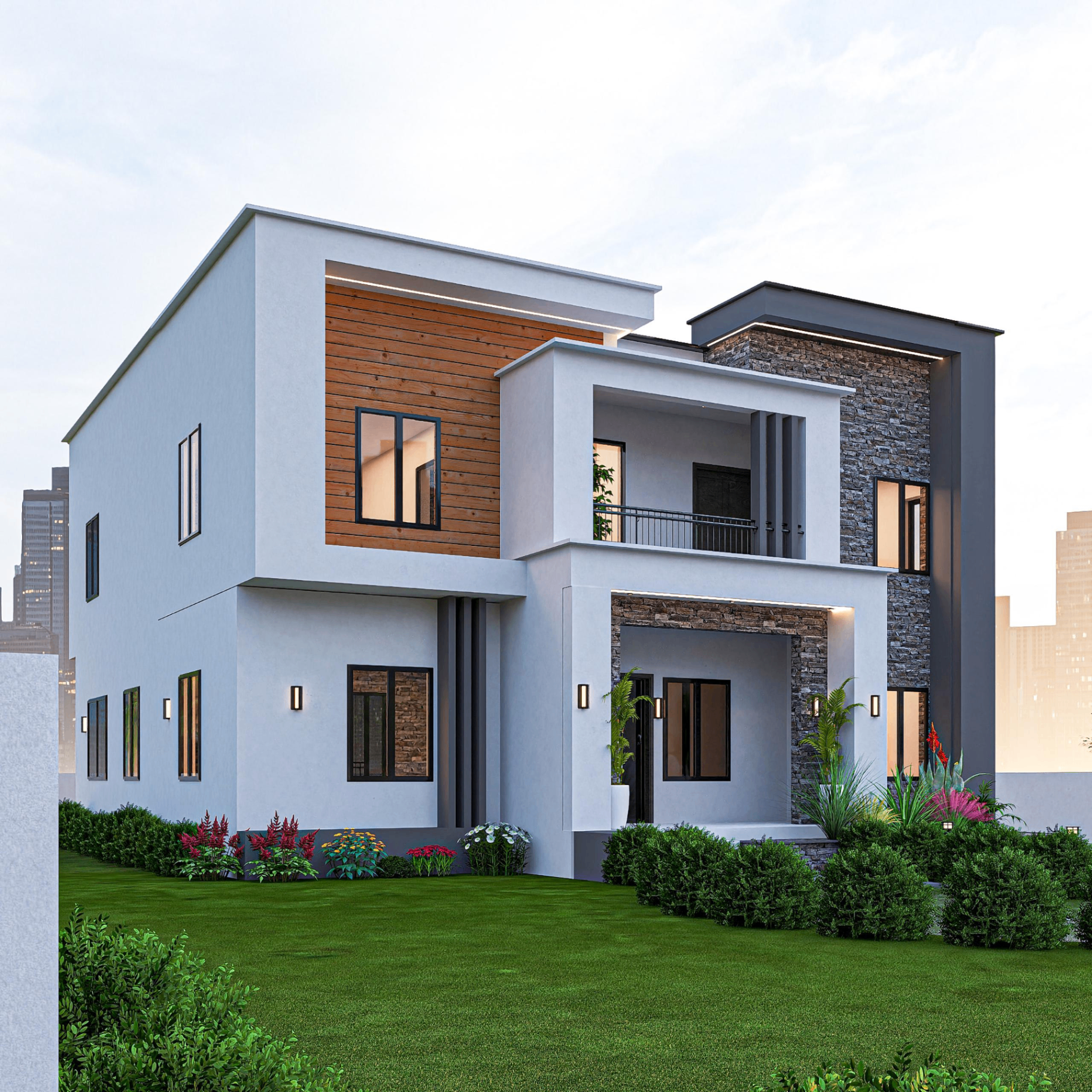 Duplex 4 — garden view, lawn and plantings