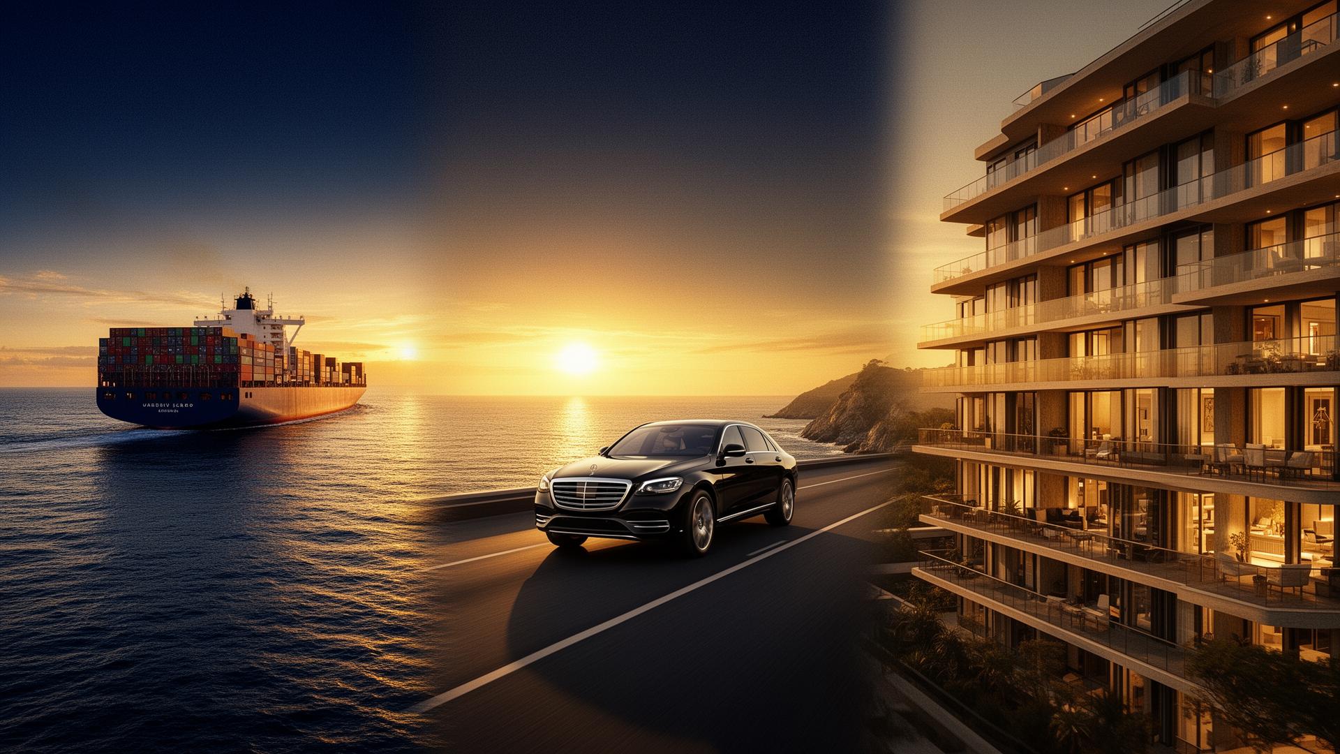 JAMM Group operations: container ship, luxury vehicle, premium apartments at golden hour